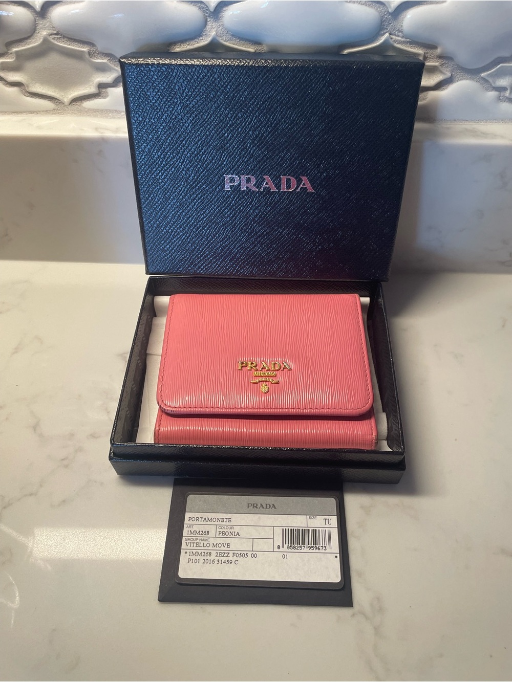 Prada Coral Pink Saffiano Leather Trifold Wallet with Gold Logo